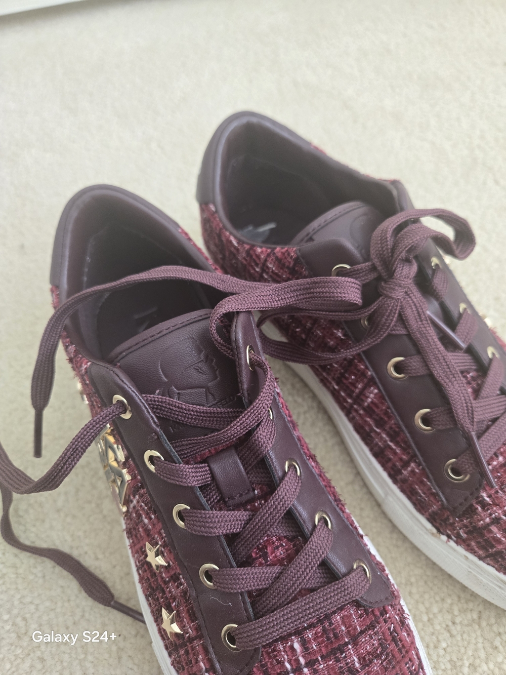 Karl Lagerfeld Burgundy Tweed Lace-Up Sneakers with Gold Star Accents
